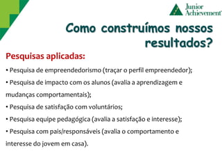 Como construímos nossos
                                 resultados?
Pesquisas aplicadas:
• Pesquisa de empreendedorismo (traçar o perfil empreendedor);
• Pesquisa de impacto com os alunos (avalia a aprendizagem e
mudanças comportamentais);
• Pesquisa de satisfação com voluntários;
• Pesquisa equipe pedagógica (avalia a satisfação e interesse);
• Pesquisa com pais/responsáveis (avalia o comportamento e
interesse do jovem em casa).
 