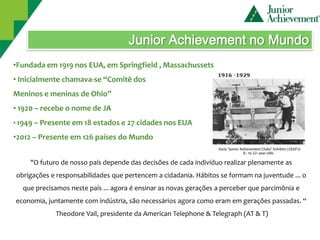 Junior Achievement no Mundo
•Fundada em 1919 nos EUA, em Springfield , Massachussets
• Inicialmente chamava-se “Comitê dos
Meninos e meninas de Ohio”
• 1920 – recebe o nome de JA
• 1949 – Presente em 18 estados e 27 cidades nos EUA

•2012 – Presente em 126 países do Mundo


     "O futuro de nosso país depende das decisões de cada indivíduo realizar plenamente as
obrigações e responsabilidades que pertencem a cidadania. Hábitos se formam na juventude ... o
  que precisamos neste país ... agora é ensinar as novas gerações a perceber que parcimônia e
economia, juntamente com indústria, são necessários agora como eram em gerações passadas. “
             Theodore Vail, presidente da American Telephone & Telegraph (AT & T)
 
