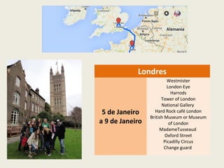 Londres
5 de Janeiro
a 9 de Janeiro
Westmister
London Eye
Harrods
Tower of London
National Gallery
Hard Rock café London
British Museum or Museum
of London
MadameTusseaud
Oxford Street
Picadilly Circus
Change guard
 