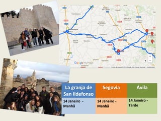 La granja de
San Ildefonso
Segovia Ávila
14 Janeiro -
Manhã
14 Janeiro -
Manhã
14 Janeiro -
Tarde
 
