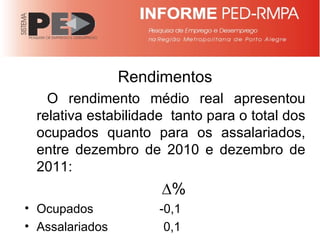 Rendimentos   O rendimento médio real apresentou relativa estabilidade  tanto para o total dos ocupados quanto para os assalariados, entre dezembro de 2010 e dezembro de 2011: ∆ % Ocupados    -0,1 Assalariados  0,1 