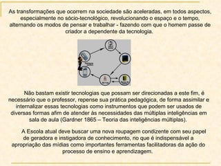 As transformações que ocorrem na sociedade são aceleradas, em todos aspectos, especialmente no sócio-tecnológico, revolucionando o espaço e o tempo, alternando os modos de pensar e trabalhar - fazendo com que o homem passe de criador a dependente da tecnologia.  A Escola atual deve buscar uma nova roupagem condizente com seu papel de geradora e instigadora de conhecimento, no que é indispensável a apropriação das mídias como importantes ferramentas facilitadoras da ação do processo de ensino e aprendizagem.  Não bastam existir tecnologias que possam ser direcionadas a este fim, é necessário que o professor, repense sua prática pedagógica, de forma assimilar e internalizar essas tecnologias como instrumentos que podem ser usados de diversas formas afim de atender às necessidades das múltiplas inteligências em sala de aula (Gardner 1865 – Teoria das inteligências múltiplas).  