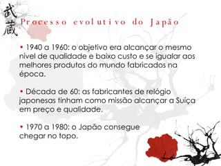 Processo evolutivo do Japão 1940 a 1960: o objetivo era alcançar o mesmo nível de qualidade e baixo custo e se igualar aos melhores produtos do mundo fabricados na época. Década de 60: as fabricantes de relógio japonesas tinham como missão alcançar a Suíça em preço e qualidade. 1970 a 1980: o Japão consegue chegar no topo. 