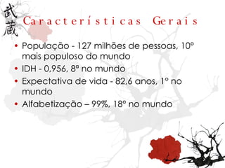 Características Gerais População - 127 milhões de pessoas, 10° mais populoso do mundo IDH - 0,956, 8ª no mundo Expectativa de vida - 82,6 anos, 1° no mundo Alfabetização – 99%, 18° no mundo 