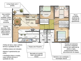 Paredes em alvenaria estrutural. Ambientes internos sem saliências de pilares e vigas, proporcionando melhor aproveitamento do espaço. Telhas de barro, maior conforto térmico e qualidade de vida. Edifícios baixos com elevador; Apenas 4 apartamentos por andar; Ventilação direta e cruzada , maior conforto térmico e qualidade de vida. Espaço para Rouparia. Living Amplo com 2 janelas. Banheiro com ventilação e iluminação natural. Bancadas em granito, maior valorização do imóvel. Vaso sanitário com caixa acoplada, melhor consumo de água e maior economia Pouca circulação, eficiência da utilização do apartamento. Cozinha gourmet, maior integração entre sala e cozinha. Modernidade e praticidade. 