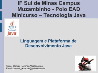 IF Sul de Minas Campus
       Muzambinho - Polo EAD
     Minicurso – Tecnologia Java



            Linguagem e Plataforma de
              Desenvolvimento Java



Tutor.: Osmair Rezende Vasconcelos
E-mail: osmair_rezende@yahoo.com.br
 