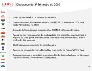 Destaques do 3º Trimestre de 2009



•   Lucro líquido de R$151,5 milhões no trimestre.

•   Crescimento de 7,8% da receita líquida, de R$7.771,5 milhões no 3T08 para
    R$8.379,9 milhões no 3T09.

•   Geração de fluxo de caixa operacional de R$317,8 milhões no trimestre.

•   Apesar de relevantes ganhos de produtividade nas operações internacionais, o
    impacto da crise global em importantes mercados consumidores levou a uma
    contração das margens.

•   Eficiência no gerenciamento do capital de giro.

•   Anúncio da associação com a Bertin S.A. e aquisição da Pilgrim’s Pride Corp.

•   Compromisso com a sociedade e o meio ambiente desenvolvido em conjunto com
    Organização Não Governamental Greenpeace.



                                                                                   15
 