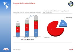 Projeção do Consumo de Carne



                                                               Aumento esperado na demanda por grupo de países
Projeção do Consumo de Carne (Milhões de toneladas)            entre 2010 e 2020
                                                       338,3

                                                       73,6                                             Desenvolvidos
                              278,2

                                                       15,6
       228,1                   64,6

                               12,7                                                               19%
        58,6
                                                       126,6
        11,2
                              105,7

        90,8                                                                 81%


                                                       122,5
                               95,1
        67,5


        2001               Média 2008-10               2020     Emergentes

                    Aves   Suína      Ovina   Bovina




Fonte: FAO - OECD                                                                                                PÁG.   20
 
