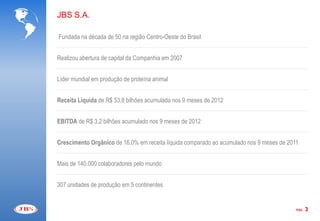 JBS S.A.

Fundada na década de 50 na região Centro-Oeste do Brasil


Realizou abertura de capital da Companhia em 2007


Líder mundial em produção de proteína animal


Receita Líquida de R$ 53,8 bilhões acumulada nos 9 meses de 2012


EBITDA de R$ 3,2 bilhões acumulado nos 9 meses de 2012


Crescimento Orgânico de 16,0% em receita líquida comparado ao acumulado nos 9 meses de 2011


Mais de 140.000 colaboradores pelo mundo


307 unidades de produção em 5 continentes


                                                                                          PÁG.   3
 
