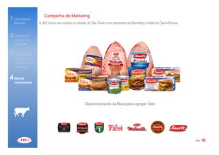 Campanha de Marketing
1 Liderança de
   Mercado         A JBS iniciou em outubro no estado de São Paulo uma campanha de Marketing inédita de Carne Bovina.


2 Histórico de
   sucesso em
   aquisições


3 Diversificação
   geográfica e
   nos segmentos
   de atuação


4 Marcas
   reconhecidas




                                                   Desenvolvimento da Marca para agregar Valor




                                                                                                                        PÁG.   10
 