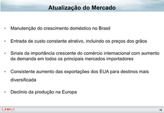 Atualização do Mercado


•   Manutenção do crescimento doméstico no Brasil

•   Entrada de custo constante atrativo, incluindo os preços dos grãos

•   Sinais da importância crescente do comércio internacional com aumento
    da demanda em todos os principais mercados importadores

•   Consistente aumento das exportações dos EUA para destinos mais
    diversificada

•   Declínio da produção na Europa


                                                                            15
 