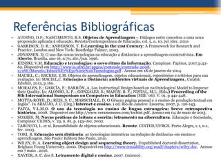 Referências Bibliográficas
• AUDINO, D.F.; NASCIMENTO, R.S. Objetos de Aprendizagem – Diálogos entre conceitos e uma nova
proposição aplicada à educação. Revista Contemporânea de Educação, vol. 5, n. 10, jul /dez. 2010.
• GARRISON, D. R.; ANDERSON, T. E-Learning in the 21st Century: A Framework for Research and
Practice, London and New York: Routledge Falmer, 2003.
• JONASSEN, D. O uso das novas tecnologias na educação a distância e a aprendizagem construtivista. Em
Aberto, Brasília, ano 16, n.70, abr./jun. 1996.
• KENSKI, V.M. Educação e tecnologias: o novo ritmo da informação. Campinas: Papirus, 2007.p.43-
62. Disponível em http://www.ia.ufrrj.br/ppgea/conteudo/conteudo-2008-
2/2SF/Marcelo/Educa%E7%E3o%20e%20Tecnologias.pdf . Acesso em 18 de janeiro de 2014.
• MACIEL, C.; BACKES, E.M. Objetos de aprendizagem, objetos educacionais, repositórios e critérios para sua
avaliação. In: MACIEL,C. Educação a Distância: ambientes virtuais de Aprendizagem., Cuiabá:
Edufmt, 2013, p.160.
• MORALES, E.; GARCÍA, F.; BARRÓN, A. Los Instructinal Design based on na Ontological Model to Improve
their Quality. In: ALONSO, L. P. ; GONZÁLES, S.; MAJÓN, B. F.; NISTAL, M.L. (Eds.) Proceeding of the
8th International Sumposium on Computers in Education (SIIE´06). V. 01. p 441-448.
• MOTTA-ROTH, D.; REIS, S. C.; MARSCHALL, D. O Gênero página pessoal e o ensino de produção textual em
Inglês”. In ARAÚJO, J. C. (Org.) Internet e ensino. 1 ed. Rio de Janeiro: Lucerna, 2007, p. 126-143.
• PAIVA, V.L.M.O. O uso da tecnologia no ensino de língua estrangeira: breve retrospectiva
histórica, 2008. Disponível em http://www.veramenezes.com/techist.pdf. Acesso em 04 de maio de 2013.
• SOARES, M. Novas práticas de leitura e escrita: letramento na cibercultura. Educação e Sociedade,
Campinas: CEDES, v. 23, n. 81, p. 143-160, 2002.
• TAROUCO, L. et al. Reusabilidade de objetos educacionais. Renote. CINTED/UFRGS. Porto Alegre, v.1, n.1,
fev. 2003.
• TORI, R. Educação sem distância: as tecnologias interativas na redução de distâncias em ensino e
aprendizagem. São Paulo: Editora São Paulo, 2010.
• WILEY, D. A. Learning object design and sequencing theory. Unpublished doctoral dissertation,
Brigham Young University. 2000. Disponível em http://www.reusability.org/read/chapters/wiley.doc. Acesso
em 7 maio . 2016.
• XAVIER, A. C. dos S. Letramento digital e ensino. 2007. (mímeo).
 
