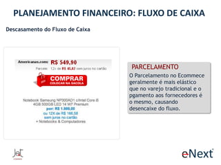PLANEJAMENTO FINANCEIRO: FLUXO DE CAIXA
Descasamento do Fluxo de Caixa

PARCELAMENTO
O Parcelamento no Ecommece
geralmente é mais elástico
que no varejo tradicional e o
pgamento aos fornecedores é
o mesmo, causando
desencaixe do fluxo.

 