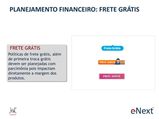 PLANEJAMENTO FINANCEIRO: FRETE GRÁTIS

FRETE GRÁTIS
Políticas de frete grátis, além
de primeira troca grátis
devem ser planejadas com
parcimônia pois impactam
diretamente a margem dos
produtos.

 