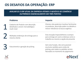 OS DESAFIOS DA OPERAÇÃO: ERP
AVALIAR SE O ERP ATUAL DA EMPRESA ATENDE O NEGÓCIO DE COMÉRCIO
ELETRÔNICO ESSENCIALMENTE EM TRÊS PONTOS:
Problema

1
2
3

Impacto

Cadastro de Produto com descrição
detalhada e arvore mercadológica
multi-nível

Clientes não poderiam localizar facilmente
os produtos, descrição pobre no detalhe e
menor relevância na busca orgânica

Múltiplos endereços de entrega para o
mesmo cliente

Esta situação impossibilitaria a compra
para entrega em outro endereço como o
trabalho ou mesmo a opção de presente

Faturamento e geração de picking

Sem esta função, não seria possível
acumular pedidos para ondas de
picking, pois todos os pedidos seriam
faturados no momento do pagamento

 