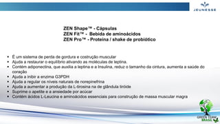 ZEN Shape™ - Cápsulas
ZEN Fit™ - Bebida de aminoácidos
ZEN Pro™ - Proteína / shake de probiótico
 É um sistema de perda de gordura e costrução muscular
 Ajuda a restaurar o equilíbrio ativando as moléculas de leptina.
 Contém adiponectina, que auxilia a leptina e a Insulina, reduz o tamanho da cintura, aumenta a saúde do
coração
 Ajuda a inibir a enzima G3PDH
 Ajuda a regular os níveis naturais de norepinefrina
 Ajuda a aumentar a produção da L-tirosina na de glândula tiróide
 Suprime o apetite e a ansiedade por acúcar
 Contém ácidos L-Leucina e aminoácidos essenciais para construção de massa muscular magra
 