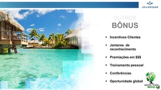 OUTROS
BÔNUS
 Incentivos Clientes
 Jantares de
reconhecimento
 Premiações em $$$
 Treinamento pessoal
 Conferências
 Oportunidade global
 