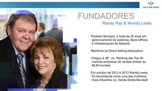 Prestam Serviços, a mais de 20 anos em
gerenciamento de sistemas, Back Offices
e infraestruturas de Network.
Membros da Direct Selling Association.
Chegou à 38° no Ranking das Top 40
maiores empresas de vendas diretas do
MLM mundial.
Em outubro de 2012 e 2013 Wendy Lewis,
foi reconhecida como uma das mulheres
mais influentes na Venda Direta Mundial!
Randy Ray & Wendy Lewis
FUNDADORES
 