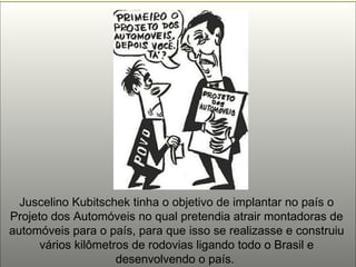 Juscelino Kubitschek tinha o objetivo de implantar no país o Projeto dos Automóveis no qual pretendia atrair montadoras de automóveis para o país, para que isso se realizasse e construiu vários kilômetros de rodovias ligando todo o Brasil e desenvolvendo o país.  