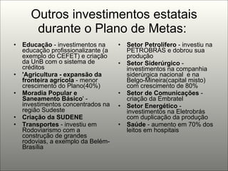 Outros investimentos estatais durante o Plano de Metas:  Educação  - investimentos na educação profissionalizante (a exemplo do CEFET) e criação da UnB com o sistema de créditos 'Agricultura - expansão da fronteira agrícola  - menor crescimento do Plano(40%) Moradia Popular e Saneamento Básico ' - investimentos concentrados na região Sudeste Criação da SUDENE Transportes  - investiu em Rodoviarismo com a construção de grandes rodovias, a exemplo da Belém-Brasília Setor Petrolífero  - investiu na  PETROBRÁS e dobrou sua produção Setor Siderúrgico  - investimentos na companhia siderúrgica nacional  e na Belgo-Mineira(capital misto) com crescimento de 80% Setor de Comunicações  - criação da Embratel Setor Energético  - investimentos na Eletrobrás com duplicação da produção Saúde  - aumento em 70% dos leitos em hospitais 