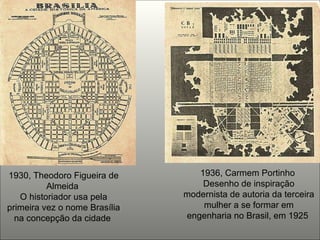 1930, Theodoro Figueira de Almeida  O historiador usa pela primeira vez o nome Brasília na concepção da cidade  1936, Carmem Portinho  Desenho de inspiração modernista de autoria da terceira mulher a se formar em engenharia no Brasil, em 1925  