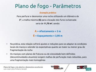 Plano de fogo a céu aberto e desmontes esculturais
com José Lúcio Pinheiro Geraldi
Plano de fogo - Parâmetros
Exemplo prático:
Para perfurar e desmontar uma rocha utilizando um diâmetro de
3“, a malha máxima (S) para a locação dos furos na bancada
seria de 11,70 m², sendo:
= Afastamento = 3 m
= Espaçamento = 3,90 m
• Na prática, esta relação sofrerá ajustes e reduções para se adaptar às condições
locais do maciço e atender às expectativas quanto ao maior ou menor grau de
fragmentação da rocha
• Os maciços com planos de fraturas ou de xistosidade bem definidos
(descontinuidades atuantes) exigem malhas de perfuração mais reduzidas, para
uma fragmentação mais homogênea
 