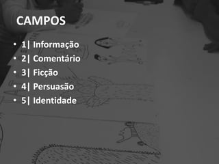 CAMPOS
• 1| Informação
• 2| Comentário
• 3| Ficção
• 4| Persuasão
• 5| Identidade
 