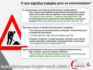 O que significa trabalho para os entrevistados? 
É, inegavelmente, uma fonte de sobrevivência e independência: 
Vem a suprir necessidades de alimentação, de diversão e, muitas 
vezes, de moradia, além de viabilizar a concretização de sonhos; 
“eu preciso, moro sozinha”/ “trabalho é meu ganha-pão” (M) 
É uma ferramenta que proporciona maior liberdade e a autonomia 
do jovem;“Moro só e meus pais não me bancam. Sou livre ”(H) 
Mas para a maioria, é também fonte de prazer e satisfação: 
Traz vivências de reconhecimento e realização - fundamentais para 
a nutrição da auto-estima; 
“é minha gasolina” (M)/ “não me imagino sem” (H) 
Formata e ‘enobrece’ o caráter do jovem, nutrindo-o com valores 
sociais relevantes, propiciando o amadurecimento, crescimento; 
“Faz o papel dos pais na idade adulta” (H) 
Apenas pontualmente é visto como uma obrigação (ênfase homens): 
Algo ‘custoso’, que toma o tempo e aborrece; 
“com certeza estaria fazendo outras coisas se eu não tivesse que 
trabalhar. Estaria viajando, curtindo a vida” (H)c 
 