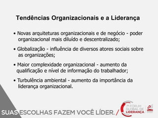 Tendências Organizacionais e a Liderança 
• Novas arquiteturas organizacionais e de negócio - poder 
organizacional mais diluído e descentralizado; 
• Globalização - influência de diversos atores sociais sobre 
as organizações; 
• Maior complexidade organizacional - aumento da 
qualificação e nível de informação do trabalhador; 
• Turbulência ambiental - aumento da importância da 
liderança organizacional. 
 