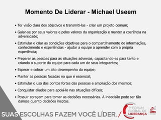 Momento De Liderar - Michael Useem 
• Ter visão clara dos objetivos e transmiti-las - criar um projeto comum; 
• Guiar-se por seus valores e pelos valores da organização e manter a coerência na 
adversidade; 
• Estimular e criar as condições objetivas para o compartilhamento de informações, 
conhecimento e experiências - ajudar a equipe a aprender com a própria 
experiência; 
• Preparar as pessoas para as situações adversas, capacitando-as para tanto e 
criando o suporte da equipe para cada um de seus integrantes; 
• Esperar e cobrar um alto desempenho da equipe; 
• Manter as pessoas focadas no que é essencial; 
• Estimular o uso dos pontos fortes das pessoas e ampliação dos mesmos; 
• Conquistar aliados para apoiá-lo nas situações difíceis; 
• Possuir coragem para tomar as decisões necessárias. A indecisão pode ser tão 
danosa quanto decisões ineptas. 
 