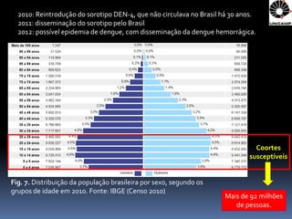 2010: Reintrodução do sorotipo DEN-4, que não circulava no Brasil há 30 anos.
  2011: disseminação do sorotipo pelo Brasil
  2012: possível epidemia de dengue, com disseminação da dengue hemorrágica.




                                                                              Coortes
                                                                            susceptíveis


Fig. 7. Distribuição da população brasileira por sexo, segundo os
grupos de idade em 2010. Fonte: IBGE (Censo 2010)
                                                                     Mais de 92 milhões
                                                                        de pessoas.
 