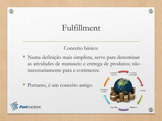 Fulfillment
Conceito básico:
 Numa definição mais simplista, serve para denominar
as atividades de manuseio e entrega de produtos; não
necessariamente para e-commerce.
 Portanto, é um conceito antigo
 