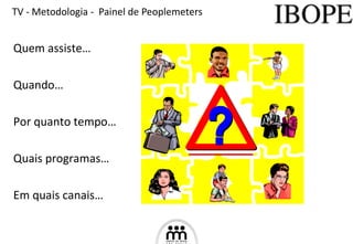 TV - Metodologia -  Painel de Peoplemeters Quem assiste… Quando… Por quanto tempo… Quais programas… Em quais canais… 