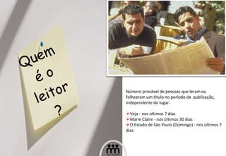 Quem é o leitor? Número provável de pessoas que leram ou folhearam um título no período da  publicação, independente do lugar. Veja - nos últimos 7 dias  Marie Claire - nos últimos 30 dias O Estado de São Paulo (Domingo) - nos últimos 7 dias 
