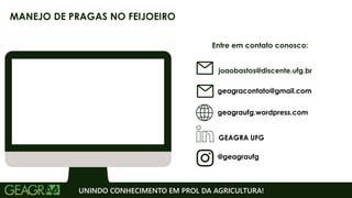 Entre em contato conosco:
geagraufg.wordpress.com
geagracontato@gmail.com
GEAGRA UFG
@geagraufg
UNINDO CONHECIMENTO EM PROL DA AGRICULTURA!
MANEJO DE PRAGAS NO FEIJOEIRO
joaobastos@discente.ufg.br
 