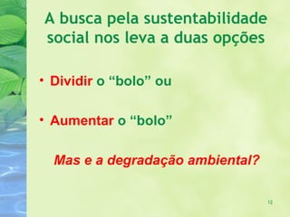 A busca pela sustentabilidade
social nos leva a duas opções

• Dividir o “bolo” ou

• Aumentar o “bolo”

  Mas e a degradação ambiental?

                                  12
 