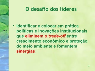 O desafio dos líderes


• Identificar e colocar em prática
  políticas e inovações institucionais
  que eliminem o trade-off entre
  crescimento econômico e proteção
  do meio ambiente e fomentem
  sinergias


                                         14
 
