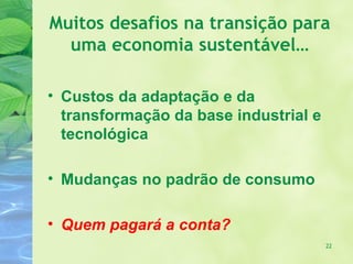 Muitos desafios na transição para
  uma economia sustentável…

• Custos da adaptação e da
  transformação da base industrial e
  tecnológica

• Mudanças no padrão de consumo

• Quem pagará a conta?
                                       22
 