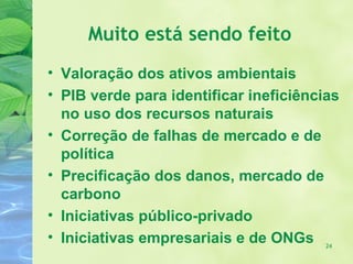 Muito está sendo feito
• Valoração dos ativos ambientais
• PIB verde para identificar ineficiências
  no uso dos recursos naturais
• Correção de falhas de mercado e de
  política
• Precificação dos danos, mercado de
  carbono
• Iniciativas público-privado
• Iniciativas empresariais e de ONGs    24
 