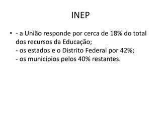 INEP 
• - a União responde por cerca de 18% do total 
dos recursos da Educação; 
- os estados e o Distrito Federal por 42%; 
- os municípios pelos 40% restantes. 
 