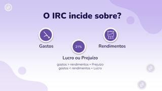 Gastos Rendimentos
O IRC incide sobre?
Lucro ou Prejuízo
21%
gastos > rendimentos = Prejuízo
gastos < rendimentos = Lucro
 