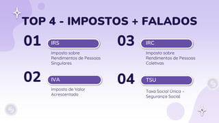 IVA
Imposto de Valor
Acrescentado
03
TOP 4 - IMPOSTOS + FALADOS
Imposto sobre
Rendimentos de Pessoas
Singulares
01 IRC
Imposto sobre
Rendimentos de Pessoas
Coletivas
02 TSU
Taxa Social Única –
Segurança Social
04
IRS
 