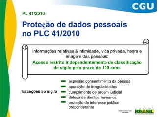 Prote ç ão de dados pessoais  no PLC 41/2010 expresso consentimento da pessoa apura ç ão de irregularidades cumprimento de ordem judicial defesa de direitos humanos prote ç ão de interesse p ú blico preponderante Informações relativas à intimidade, vida privada, honra e imagem das pessoas: Acesso restrito independentemente de classificação de sigilo pelo prazo de 100 anos Exceções ao sigilo 