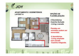 APARTAMENTO 3 DORMITÓRIOS
LAYOUT A OPÇÕES DE
FLEXIBILIZAÇÃO:
-3 Dormitórios
-Cozinha fechada
- Living e sacada
Paredes em
vermelho podem ser
removidas.
-2 dormitórios
-Living ampliado
sem sacada
-Cozinha integrada.
 
