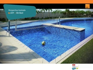 JOY | Biribol
Perspectiva ilustrada
1 CONCEITO JOY/ IMPLANTAÇÃO
2 PERSPECTIVAS ILUSTRADAS
3 PLANTAS
Memorial de Incorporação registrado sob o R.2 da matrícula 207.236, em 30/09/2010, em processo de retificação junto ao Cartório de Registro de Imóveis da 1ª Circunscrição de Goiânia, Goiás. As unidades
somente serão comercializadas após tal retificação. *Os materiais, equipamentos, cores e vegetações do projeto de paisagismo e das áreas comuns poderão sofrer pequenas alterações em função da
disponibilidade do mercado. MATERIAL PROVISÓRIO DE USO INTERNO DO CORRETOR.
 