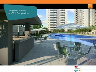 JOY | Bar piscina
Perspectiva ilustrada
1 CONCEITO JOY/ IMPLANTAÇÃO
2 PERSPECTIVAS ILUSTRADAS
3 PLANTAS
Memorial de Incorporação registrado sob o R.2 da matrícula 207.236, em 30/09/2010, em processo de retificação junto ao Cartório de Registro de Imóveis da 1ª Circunscrição de Goiânia, Goiás. As unidades
somente serão comercializadas após tal retificação. *Os materiais, equipamentos, cores e vegetações do projeto de paisagismo e das áreas comuns poderão sofrer pequenas alterações em função da
disponibilidade do mercado. MATERIAL PROVISÓRIO DE USO INTERNO DO CORRETOR.
 
