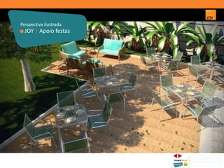 JOY | Apoio festas
Perspectiva ilustrada
1 CONCEITO JOY/ IMPLANTAÇÃO
2 PERSPECTIVAS ILUSTRADAS
3 PLANTAS
Memorial de Incorporação registrado sob o R.2 da matrícula 207.236, em 30/09/2010, em processo de retificação junto ao Cartório de Registro de Imóveis da 1ª Circunscrição de Goiânia, Goiás. As unidades
somente serão comercializadas após tal retificação. *Os materiais, equipamentos, cores e vegetações do projeto de paisagismo e das áreas comuns poderão sofrer pequenas alterações em função da
disponibilidade do mercado. MATERIAL PROVISÓRIO DE USO INTERNO DO CORRETOR.
 