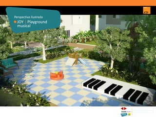JOY | Playground
musical
Perspectiva ilustrada
1 CONCEITO JOY/ IMPLANTAÇÃO
2 PERSPECTIVAS ILUSTRADAS
3 PLANTAS
Memorial de Incorporação registrado sob o R.2 da matrícula 207.236, em 30/09/2010, em processo de retificação junto ao Cartório de Registro de Imóveis da 1ª Circunscrição de Goiânia, Goiás. As unidades
somente serão comercializadas após tal retificação. *Os materiais, equipamentos, cores e vegetações do projeto de paisagismo e das áreas comuns poderão sofrer pequenas alterações em função da
disponibilidade do mercado. MATERIAL PROVISÓRIO DE USO INTERNO DO CORRETOR.
 