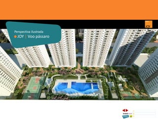 JOY | Voo pássaro
Perspectiva ilustrada
1 CONCEITO JOY/ IMPLANTAÇÃO
2 PERSPECTIVAS ILUSTRADAS
3 PLANTAS
Memorial de Incorporação registrado sob o R.2 da matrícula 207.236, em 30/09/2010, em processo de retificação junto ao Cartório de Registro de Imóveis da 1ª Circunscrição de Goiânia, Goiás. As unidades
somente serão comercializadas após tal retificação. *Os materiais, equipamentos, cores e vegetações do projeto de paisagismo e das áreas comuns poderão sofrer pequenas alterações em função da
disponibilidade do mercado. MATERIAL PROVISÓRIO DE USO INTERNO DO CORRETOR.
 