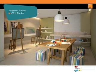 JOY | Atelier
Perspectiva ilustrada
1 CONCEITO JOY/ IMPLANTAÇÃO
2 PERSPECTIVAS ILUSTRADAS
3 PLANTAS
Memorial de Incorporação registrado sob o R.2 da matrícula 207.236, em 30/09/2010, em processo de retificação junto ao Cartório de Registro de Imóveis da 1ª Circunscrição de Goiânia, Goiás. As unidades
somente serão comercializadas após tal retificação. *Os materiais, equipamentos, cores e vegetações do projeto de paisagismo e das áreas comuns poderão sofrer pequenas alterações em função da
disponibilidade do mercado. MATERIAL PROVISÓRIO DE USO INTERNO DO CORRETOR.
 